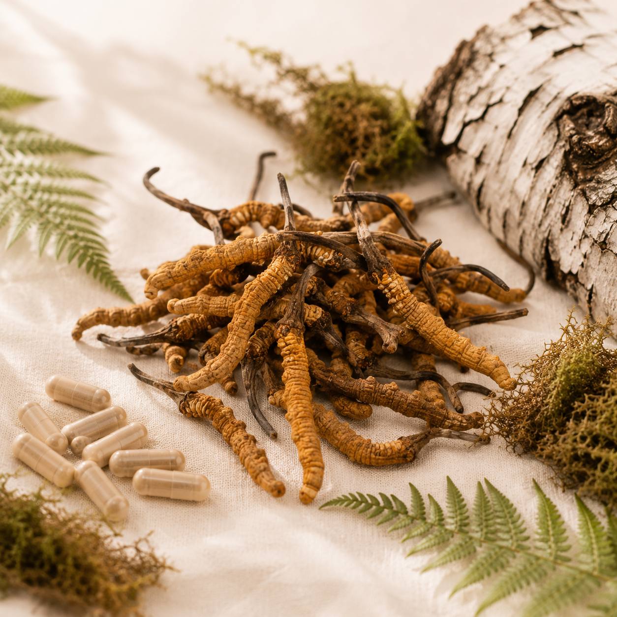 Сушені строми кордицепса (Cordyceps militaris) поруч з капсулами екстракту — ЕкоЛіс Маркет