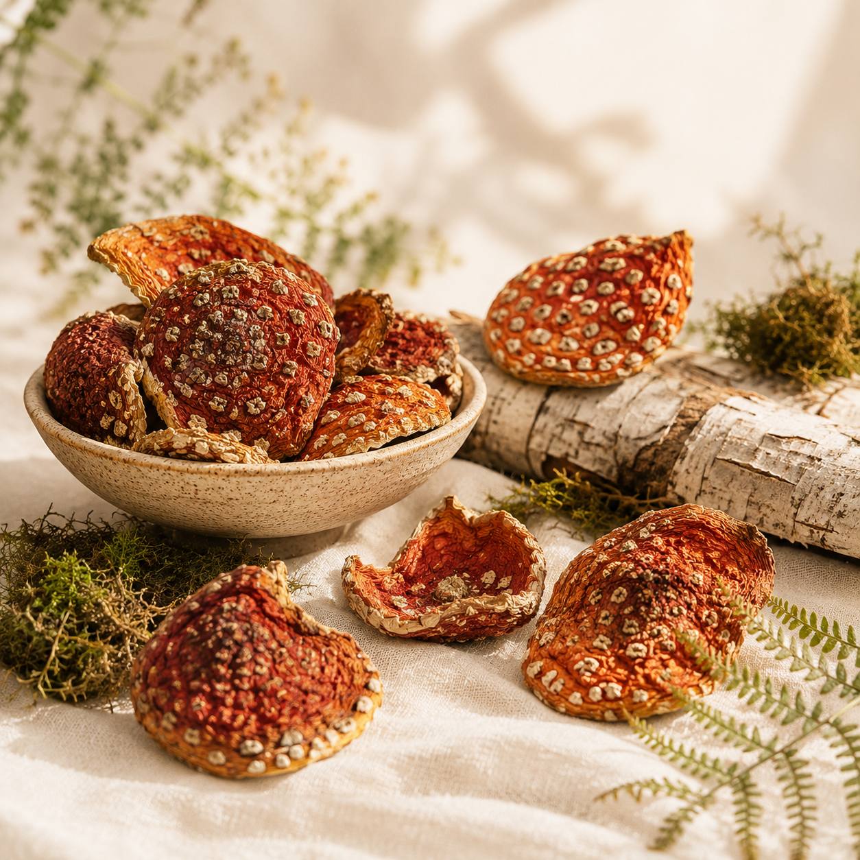 Сушені шапки мухомора червоного (Amanita muscaria) у керамічній мисці поруч з берестою — ЕкоЛіс Маркет